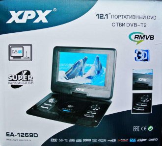 Цифровой Портативный DVD плеер с TV тюнером DVB-T2- XPX EA-1269D  Цифровой Портативный DVD плеер с TV  тюнером DVB-T2- XPX EA-1269D - Цифровой ЖК переносной телевизор с экраном 12.1" (30.5 см), с DVD плеером,  возможностью просмотра цифрового ТВ, DVD дисков и прослушивания FM радио, а так же, просмотра фотографий, фильмов ,прослушивания музыки со съёмных носителей информации: USB , SD, MMC, MS
